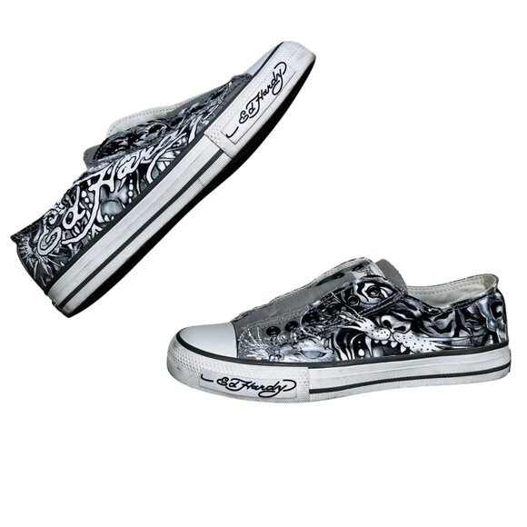 Ed Hardy Tattooed For Life Laceless Low Top Sneakers 7 Skull Canvas Streetwear - Picture 1 of 10